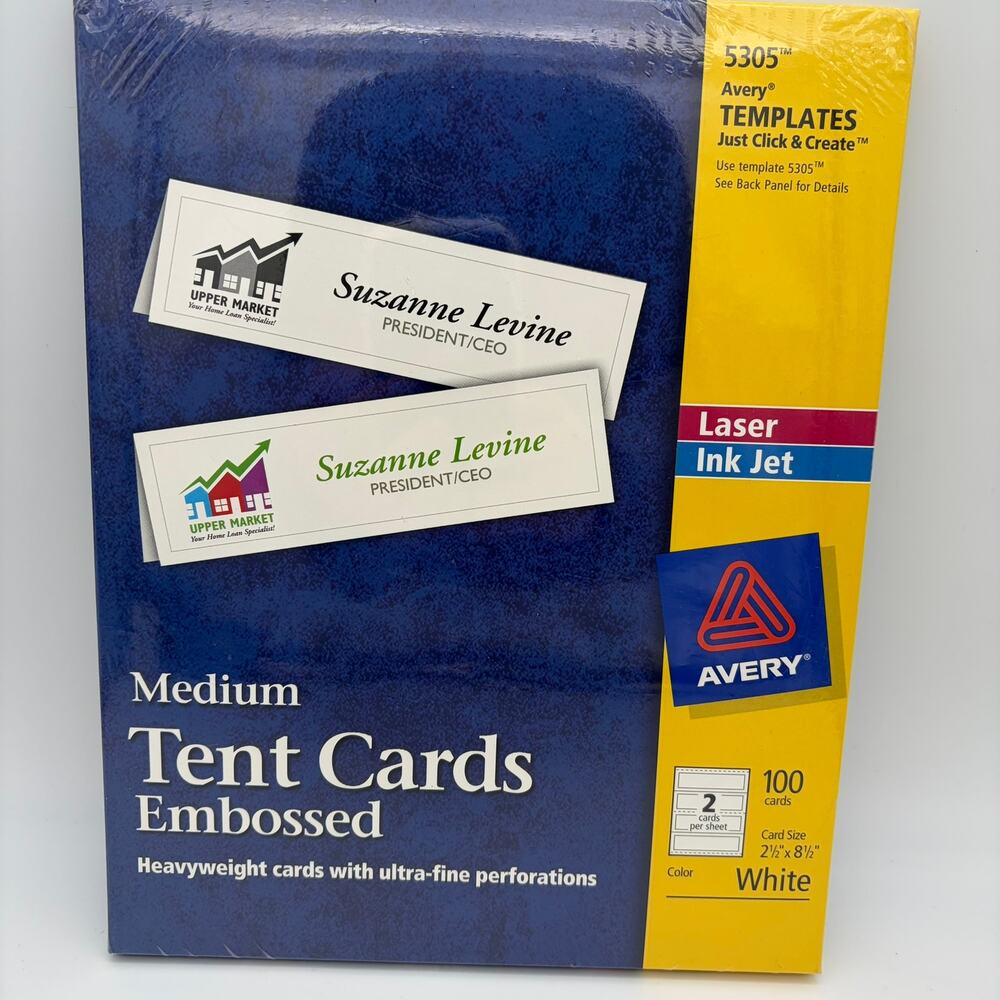 Avery 5305 Medium Tent Cards Embossed 2.5" x 8.5" White 100 Ct Laser Inkjet New